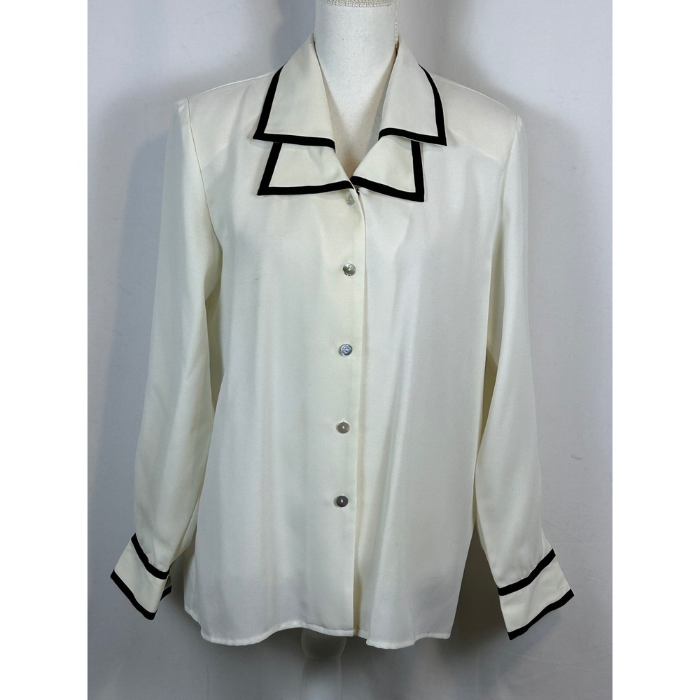 Vintage Style Cream Blouse Black Ribbon Trim Double Collar Long Sleeve Button Up